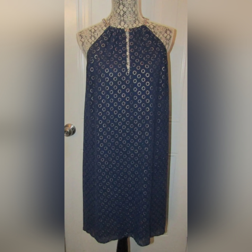 Michael Kors Chain Halter Neck Navy Gold Metallic High Low Dress Size L